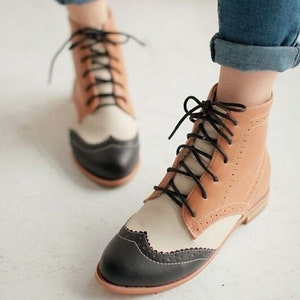 Handmade Women's Grey Tan Cream Black Leather Wingtip Lace up Ankle High Leather Boot