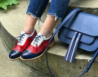 Women's Handmade Multi Red White & Blue Leather Wingtip Lace up Formal Oxford Leather Shoes