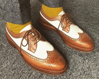 Two Tone Men's Handmade Brown & White Leather Lace up Wingtip Brogue Shoes