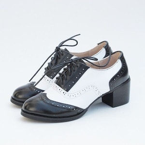 Handmade Two Tone White & Black Leather Oxford Shoes Women's Wingtip Brogue Formal Leather Shoes