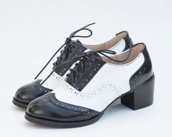 Handmade Two Tone White & Black Leather Oxford Shoes Women's Wingtip Brogue Formal Leather Shoes