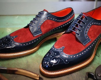 Two Tone Men's Handmade Red Suede & Blue Leather Wingtip Lace up Brogue Shoes