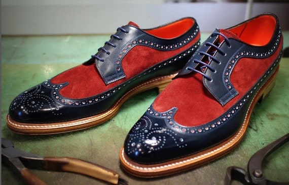 Two Tone Men's Handmade Red Suede & Blue Leather Wingtip Lace up Brogue  Shoes 