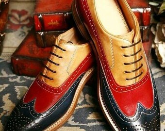 Multicolor Men's Handmade Red Mustard & Black Leather Wingtip Lace up Brogue Shoes