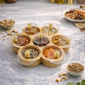 Peut inclure: Un plateau de service en bois en forme de fleur avec sept compartiments circulaires, chacun rempli de divers fruits secs et noix. Chaque compartiment est doté d'un couvercle en verre transparent avec un petit bouton doré pour l'ouverture.