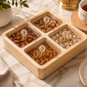 Wooden Dry Fruit Box with 4 Compartments, Pine Wood Snack Organizer, Crystal Knob Acrylic Lid, Diwali Gift Box, Spice Candy Serving Tray