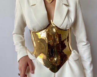 Gold Armor Corset – Futuristic Waist Belt, Stage Performance Costume, Red Carpet Outfit, Futuristic Fashion Corset, Handmade Corset
