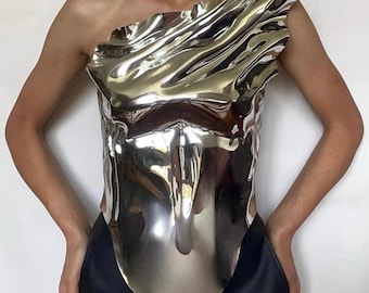 Bustier de corsé plateado personalizado, top de resina hecho a medida, atuendo artístico para festivales navideños, bustier de festival, top corto festivo personalizado