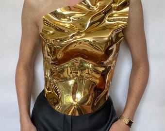 Corsé dorado hecho a medida, traje de cosplay metálico, peto de armadura dorada, disfraz de festival de fantasía con busto, placa de pecho dorada