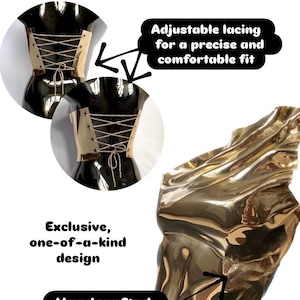 Puede incluir: Un cors&eacute; dorado met&aacute;lico con cordones ajustables mediante un cord&oacute;n fino. La prenda presenta una textura escultural y reflectante. El texto en la imagen incluye: Please note, Adjustable lacing for a precise and comfortable fit, Exclusive, one-of-a-kind design y Handcrafted sculptural texture.