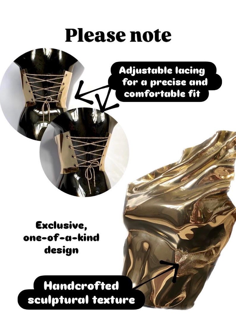 Puede incluir: Un cors&eacute; dorado met&aacute;lico con cordones ajustables mediante un cord&oacute;n fino. La prenda presenta una textura escultural y reflectante. El texto en la imagen incluye: Please note, Adjustable lacing for a precise and comfortable fit, Exclusive, one-of-a-kind design y Handcrafted sculptural texture.