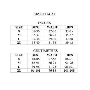 May include: A white size chart with black text. The chart includes measurements in inches and centimeters for bust, waist, and hips, with sizes ranging from S to XL. The text "SIZE CHART" is at the top.