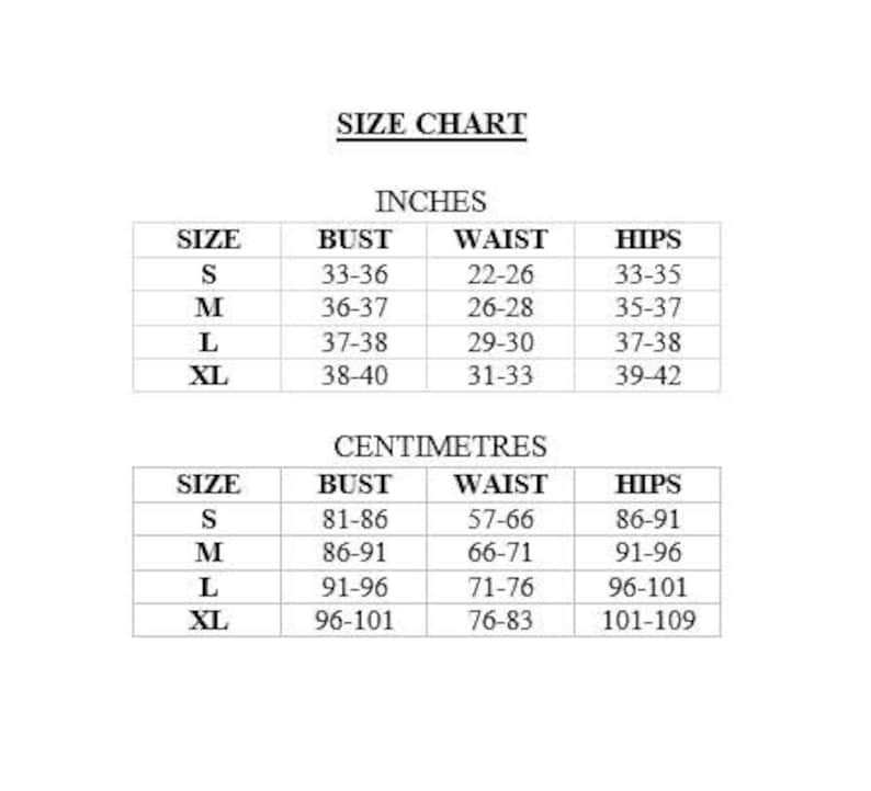 May include: A white size chart with black text. The chart includes measurements in inches and centimeters for bust, waist, and hips, with sizes ranging from S to XL. The text "SIZE CHART" is at the top.