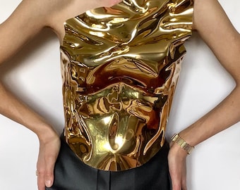 Bustier con armadura dorada, bustier para festivales, top corto festivo personalizado, top de corsé de moda sobre el busto, peto de cosplay personalizado, corsé personalizado