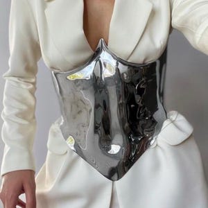 Silver Futuristic Corset – Metallic Armor Waist Belt, Stage Performance Costume, Festival Outfit, Photoshoot Corset, Handmade Corset