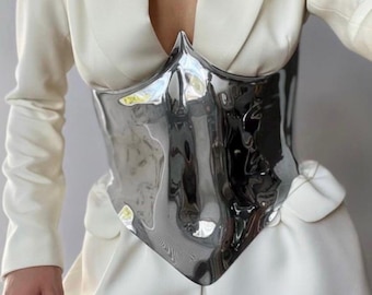 Silver Futuristic Corset – Metallic Armor Waist Belt, Stage Performance Costume, Festival Outfit, Photoshoot Corset, Handmade Corset