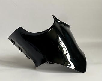 ブラックアーマーコルセット - 未来的なコルセットトップ、ステージパフォーマンスコスチューム、アバンギャルドなウエストベルト、フェスティバル衣装、ハンドメイドブラックファッションコルセット