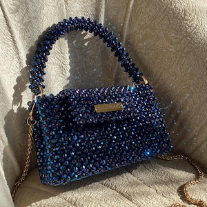 Sac en perles de cristal bleu, sac à main fait main, sac en cristal bleu, cadeau pour elle, sac de soirée bleu, sac de luxe, sac de soirée en perles