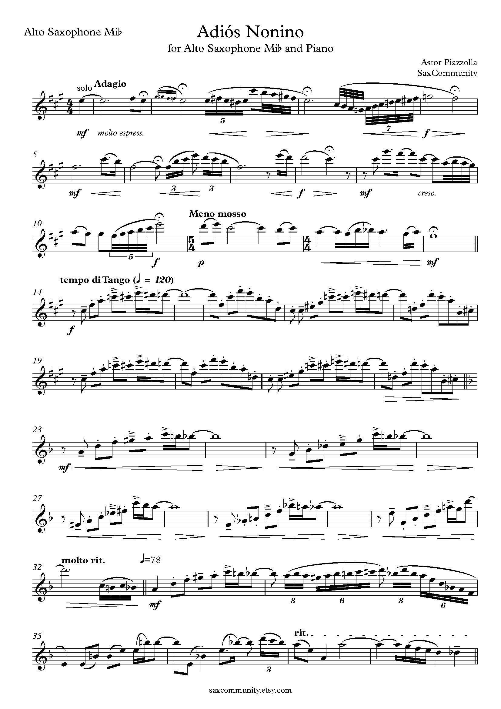 Goodbye Nonino (astor Piazzolla) for Alto Saxophone & Piano