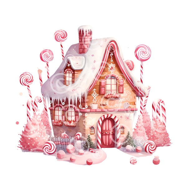 Pink Candy Cane Gingerbread House PNG JPG Clipart: Christmas Village Home for Commercial Use