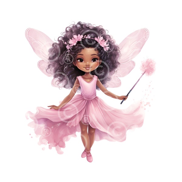 6 Cute Black Fairy ClipArt Dressed in Pink, Beautiful Dark Skin Fairies JPG for Prints, Cards, Book and Crafts | Commercial Use