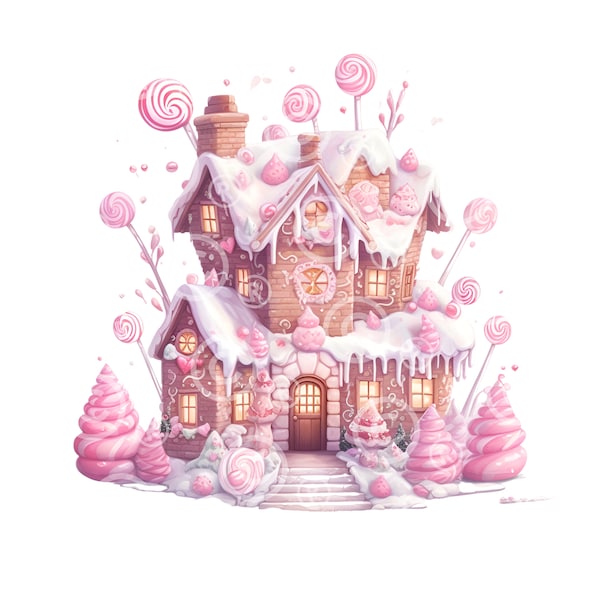 Gingerbread House Pink Candy Cane Gingerbread House PNG JPG Clipart Christmas Village House for Commercial Use