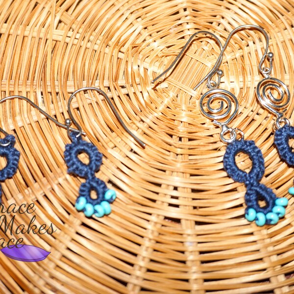 Tatted Silk Turqoise Beaded Drop Earrings With Blue Lace, Glass Beads, and Stainless Steel Hooks