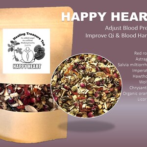May include: A brown paper bag with a clear window showing a blend of dried herbs and flowers. The bag has a label that says "Healing Treasure Tea" and "Happy Heart". The text on the bag also says "No added sugar, No caffeine, Medicinal herbs, 200g". The bag is on a purple background with text that says "Happy Heart", "Adjust Blood Pressure", "Improve Qi & Blood Harmony", "Red rose buds", "Astragali root", "Salvia miltiorrhiza root", "Imperatae root", "Hawthorn fruit", "Wolfberries", "Chrysanthemum", "Organic orange peel", and "Licorice root".