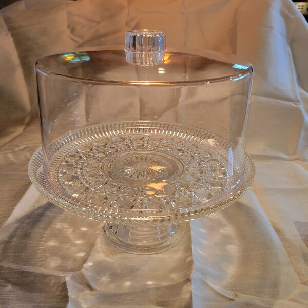 Indiana Glass Crystal Footed Covered Cake Plate with Plastic Lid