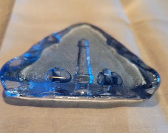 Glass Carved Ligjthouse Paper Weight, Blue Glass Lighthouse Paper Weight/Art Deco by IGotYouBabeVintage