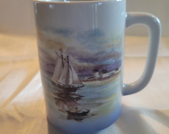 Otagiri Nautical Sailboat In Harbor Tankard,Large Ceramic Mug,Large Coffee Cup,Hot Cocoa Mug,Cool Coffee Mugs,Hot Chocolate Mug,Sailboat Mug