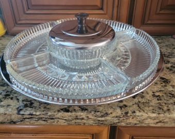 Vintage Kromex Chrome LazySusan w/4 glass Trays& Center Dish W/Lid 7 Pc. Set MCM Lazy Susan Gift for Mom Excellent Condition No Chips/Cracks