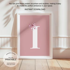 Póster de letra I con arte de pared rosa, decoración de habitación preppy, impresión inicial I, bonito arte de pared rosa, impresión de una sola letra, póster de lazos de moda, arte de pared imprimible