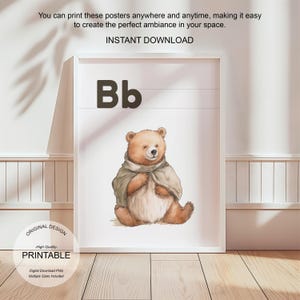 Póster de la letra B con la inicial B, impresión artística para el aula, arte de pared neutro para guardería, letras para niños, póster imprimible para educación en el hogar, amante de la naturaleza