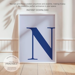 Arte de pared azul, póster con la letra N, decoración de habitación preppy, impresión inicial N, lindo arte de pared azul, impresión de una sola letra, decoración de dormitorio, arte de pared imprimible