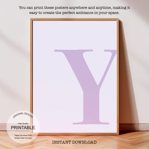 Printable Wall Art: Purple Printable Dorm Room Decor and Y Initial Letter Y Poster, Lilac Nursery Wall Art, Purple and Lavender
