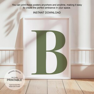 Arte de pared verde, póster con la letra B, decoración de habitación preppy, impresión inicial B, lindo arte de pared verde, impresión de una sola letra, decoración de dormitorio imprimible