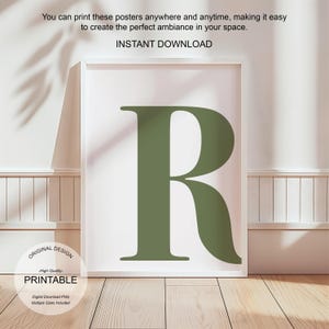 Arte de pared verde, póster con la letra R, decoración de habitación preppy, impresión inicial R, lindo arte de pared verde, impresión de una sola letra, decoración de dormitorio imprimible