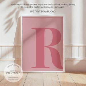 Arte de pared rosa, póster con la letra R, decoración de habitación preppy, impresión inicial R, lindo arte de pared rosa, impresión de una sola letra, decoración de dormitorio, arte de pared imprimible
