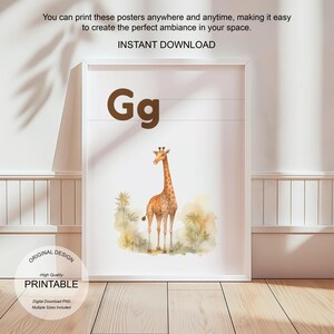 Póster de la letra G con la inicial G, impresión artística para el aula, arte de pared neutro para guardería, letras para niños, póster imprimible para educación en el hogar, amante de la naturaleza