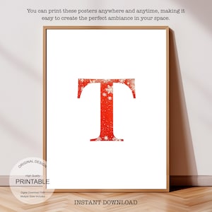 Póster inicial de Navidad: Póster de la letra T, Monograma de la letra T y Decoración con la inicial T de una sola letra - Impresión de decoración de dormitorio imprimible