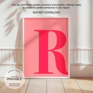 Arte de pared rosa, póster con la letra R, decoración de habitación preppy, impresión inicial R, lindo arte de pared rosa, impresión de una sola letra, decoración de dormitorio, arte de pared imprimible