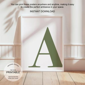 Arte de pared verde, póster con la letra A, decoración de habitación preppy, impresión inicial A, lindo arte de pared verde, impresión de una sola letra, decoración de dormitorio imprimible