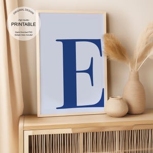 Blue Wall Art, Letter E Poster, Preppy Room Decor, E Initial Print Cute Blue Wall Art Single Letter Print Dorm Room Decor Printable Wall Art