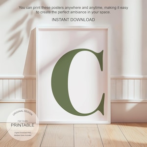 Arte de pared verde, póster con la letra C, decoración de habitación preppy, impresión inicial C, lindo arte de pared verde, impresión de una sola letra, decoración de dormitorio imprimible