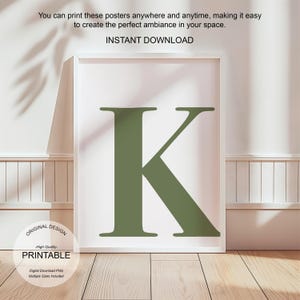 Arte de parede verde, pôster da letra K, decoração de quarto elegante, impressão inicial K, arte de parede verde fofa, impressão de uma letra, decoração de dormitório para impressão