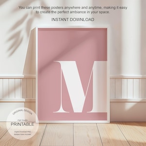 Arte de pared rosa, póster con la letra M, decoración de habitación preppy, impresión inicial M, lindo arte de pared rosa, impresión de una sola letra, decoración de dormitorio, arte de pared imprimible