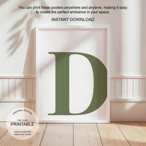 Arte de pared verde, póster con la letra D, decoración de habitación preppy, impresión inicial D, lindo arte de pared verde, impresión de una sola letra, decoración de dormitorio imprimible
