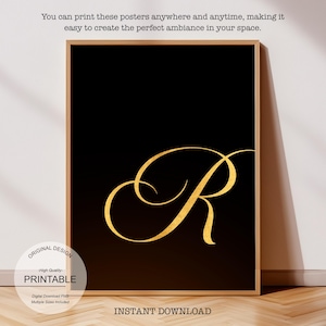 Arte de pared dorado imprimible: Malvado, Regalo personalizado para el hogar - Regalo personalizado, Letra R dorada y póster de la letra R para impresión inicial R