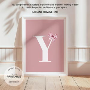 Póster de letra Y con arte de pared rosa, decoración de habitación preppy, impresión inicial Y, bonito arte de pared rosa, impresión de una sola letra, póster de lazos de moda, arte de pared imprimible